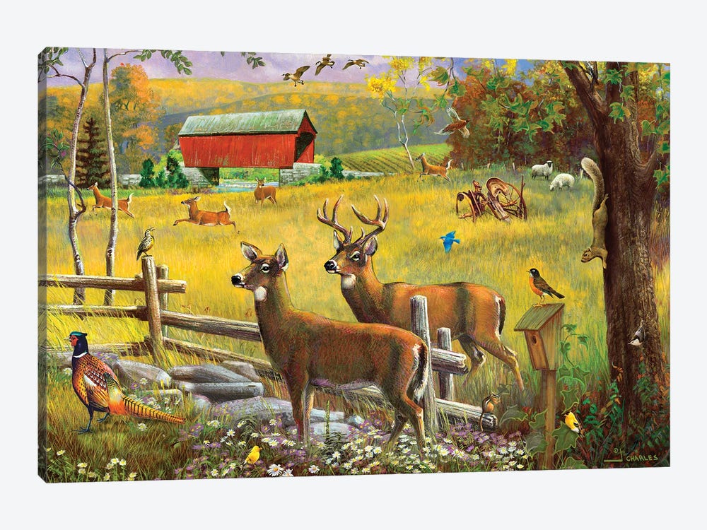 Deer And Covered Bridge by J. Charles 1-piece Canvas Print