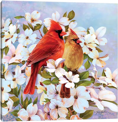 Cardinal Pair & Dogwoods Canvas Art Print - Flower Art