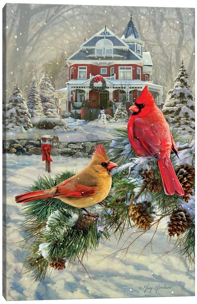 Cardinals And House Canvas Art Print - Christmas Scenes