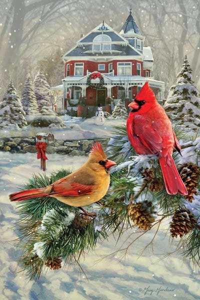 Rustic Winter: Cardinals And House by Greg Giordano