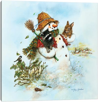 Snowman Canvas Art Print - Raccoon Art