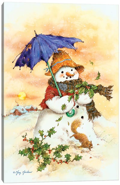 Snowman & Umbrella Canvas Art Print - Snowman Art