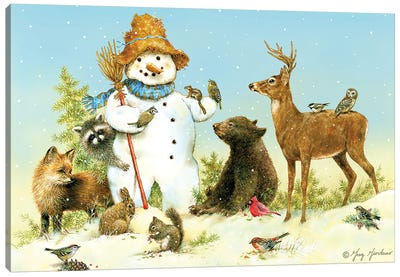 Snowman And Animals Canvas Art Print - Raccoon Art