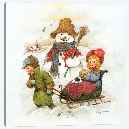 Snowman With Children Canvas Print #GRC140} by Greg & Company Canvas Wall Art
