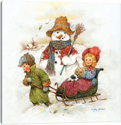 Snowman With Children Canvas Art Print - Vintage Christmas Décor