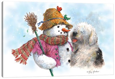 Snowman & Dog Canvas Art Print - Vintage Christmas Décor
