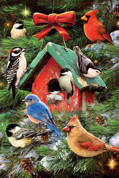 Christmas Bird House & Pines