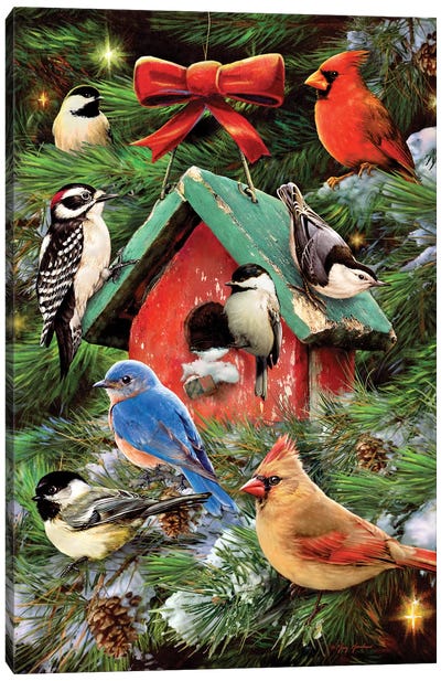 Christmas Bird House & Pines Canvas Art Print - Cardinal Art