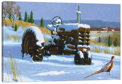 Winter Tractor And Pheasant Canvas Art Print - Tractors