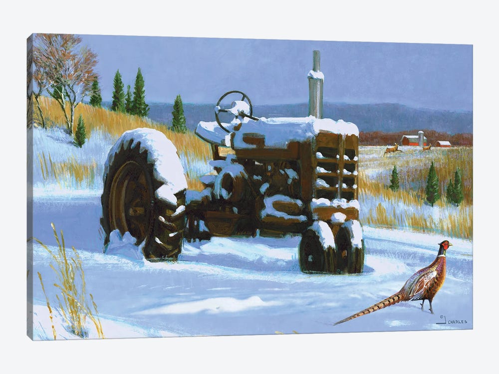 Winter Tractor And Pheasant by J. Charles 1-piece Canvas Art Print