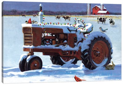 Winter Tractor With Lights Canvas Art Print - Tractors