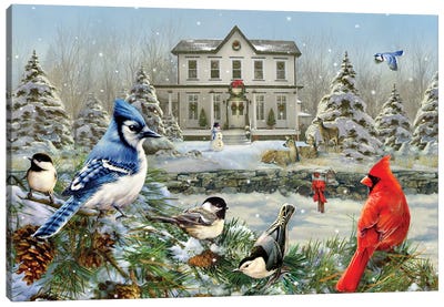 Christmas Birds And House Canvas Art Print - Greg & Company