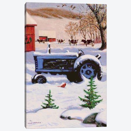 Winter Tractor And Barn Canvas Print #GRC160} by J. Charles Canvas Wall Art