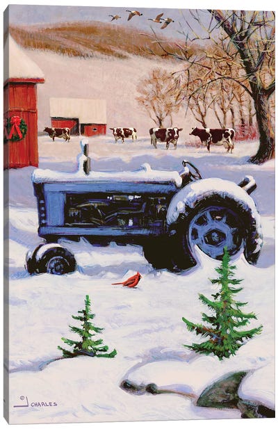 Winter Tractor And Barn Canvas Art Print - J. Charles