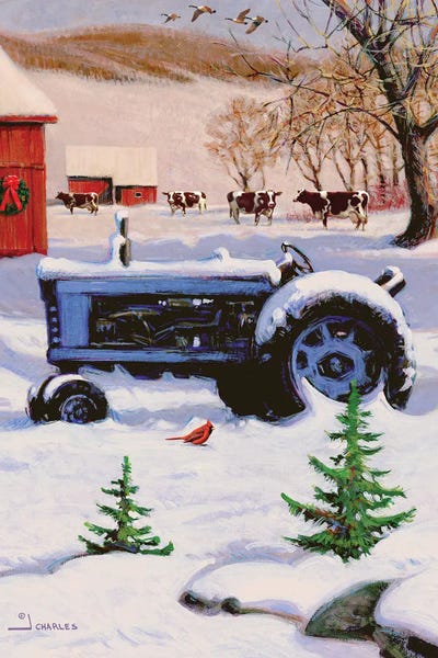 Tractors: Winter Tractor And Barn by J. Charles
