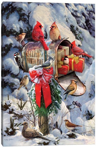 Christmas Birds At Mailbox Canvas Art Print - Large Christmas Art