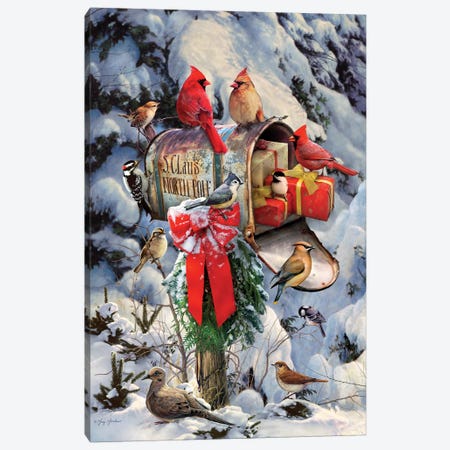 Christmas Birds At Mailbox Canvas Print #GRC16} by Greg Giordano Canvas Wall Art