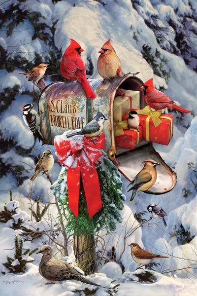 Vintage Christmas: Christmas Birds At Mailbox by Greg Giordano