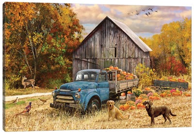 Fall Truck And Barn Canvas Art Print - Dogs