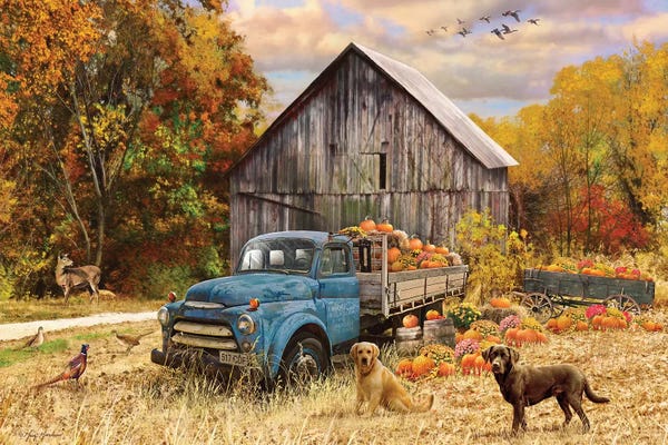 Labrador Retrievers: Fall Truck And Barn by Greg Giordano