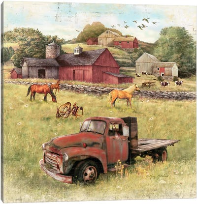 Barns And Old Truck Canvas Art Print - Cow Art