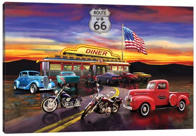 Nostalgic America Diner And Cars Canvas Art Print - By Land