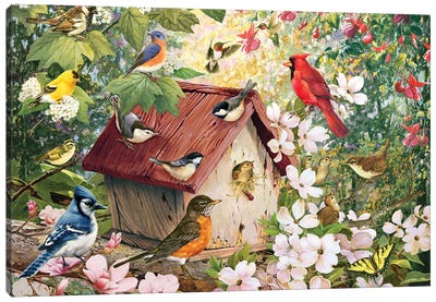 Spring Birds And Birdhouse Canvas Art Print - Cardinal Art