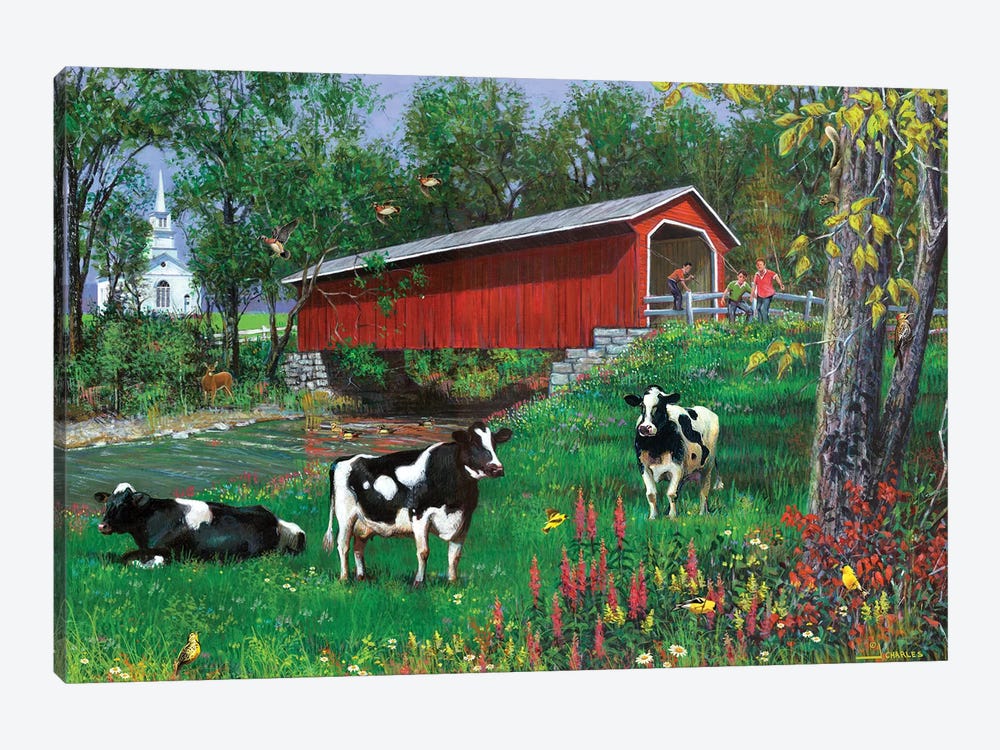 Summer Day Covered Bridge by J. Charles 1-piece Canvas Wall Art