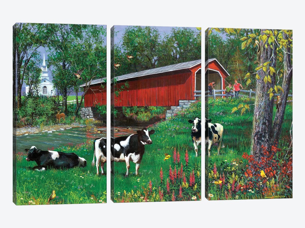 Summer Day Covered Bridge by J. Charles 3-piece Canvas Artwork