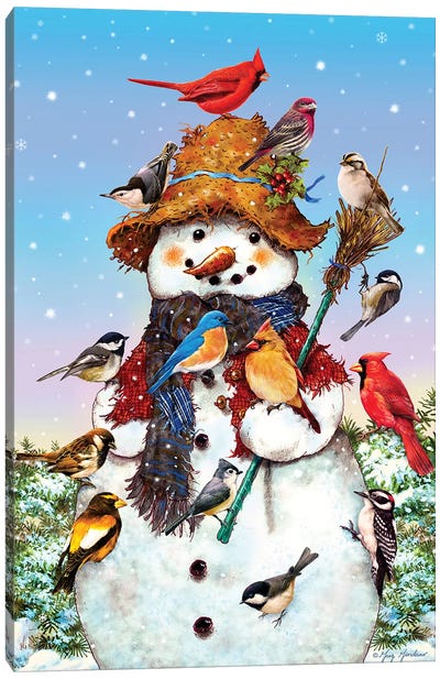 Birds And Snowman Canvas Art Print - Snowman Art