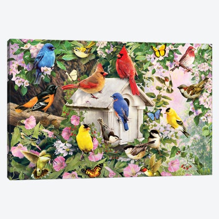 Birds At Birdhouse Canvas Print #GRC5} by Greg & Company Canvas Art