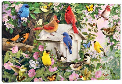 Birds At Birdhouse Canvas Art Print - Cardinal Art