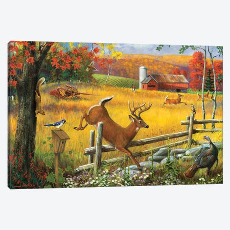 Deer Jumping Fence Canvas Print #GRC89} by J. Charles Canvas Artwork