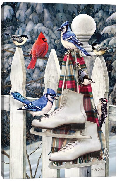 Birds On Fence With Skates Canvas Art Print - Cardinal Art