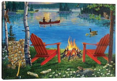 Adirondack Chairs At Lake Canvas Art Print - J. Charles