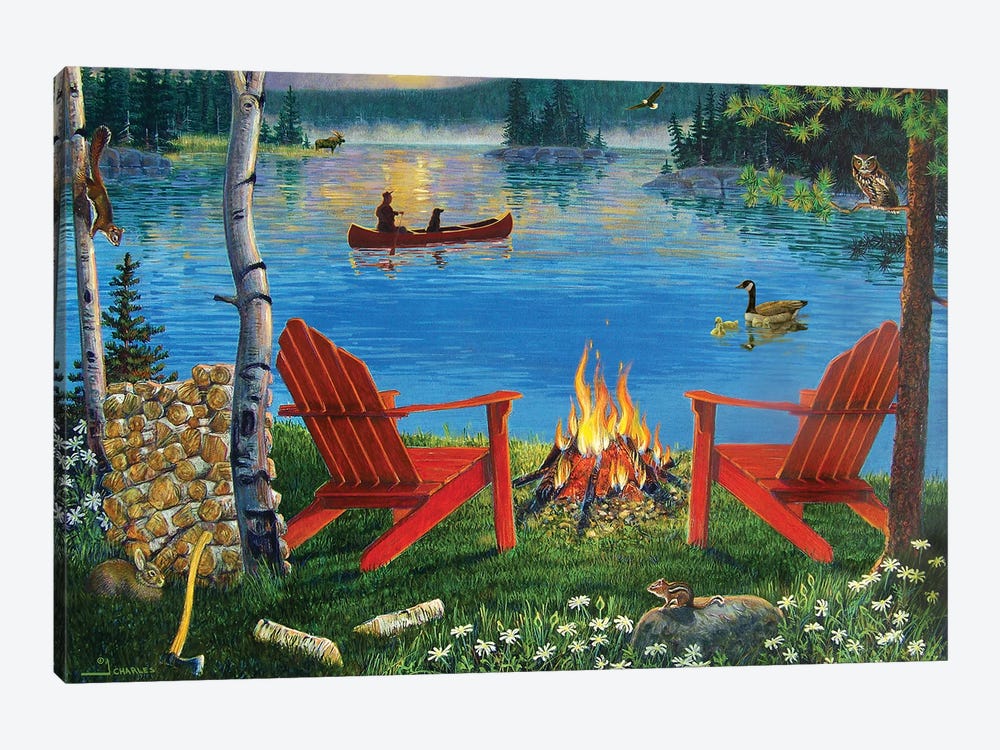 Adirondack Chairs At Lake by J. Charles 1-piece Canvas Art Print