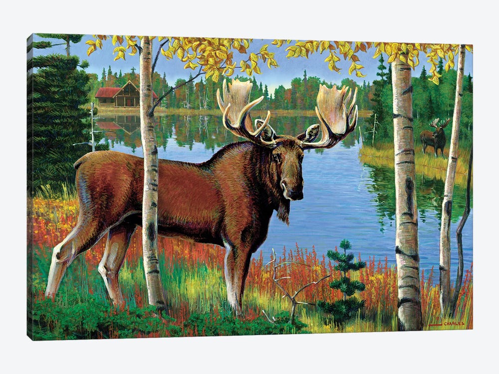 Moose At Lake 1-piece Canvas Wall Art