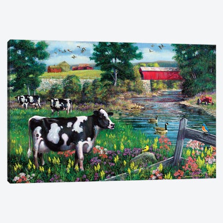 Cows And Covered Bridge Canvas Print #GRC93} by J. Charles Canvas Print