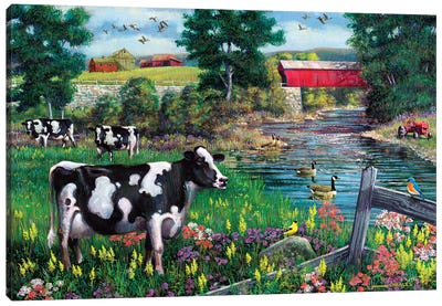 Cows And Covered Bridge Canvas Art Print - J. Charles