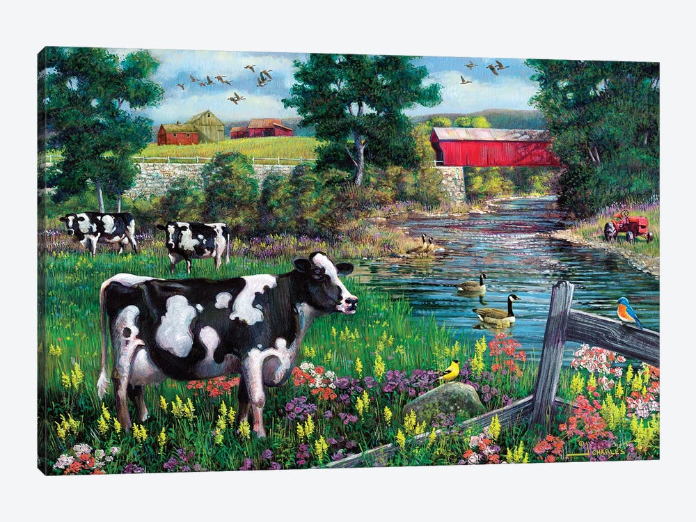 Cows And Covered Bridge by J. Charles 1-piece Canvas Art Print