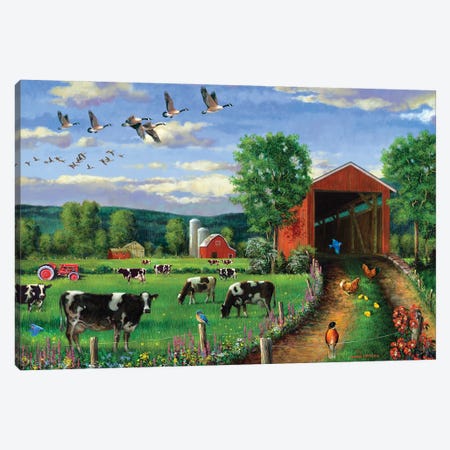 Geese Flying Over Covered Bridge Canvas Print #GRC95} by J. Charles Canvas Artwork