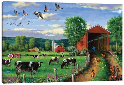 Geese Flying Over Covered Bridge Canvas Art Print - J. Charles