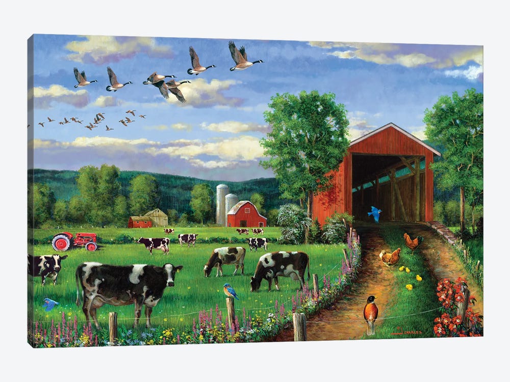 Geese Flying Over Covered Bridge by J. Charles 1-piece Canvas Art Print