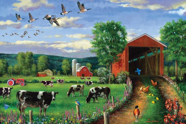 Greg & Company: Geese Flying Over Covered Bridge by J. Charles