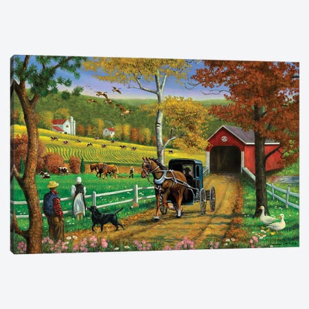 Farm And Covered Bridge Canvas Print #GRC96} by J. Charles Canvas Wall Art