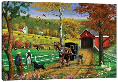 Farm And Covered Bridge Canvas Art Print - J. Charles