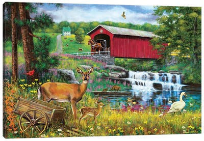 Waterfall And Covered Bridge Canvas Art Print - Waterfall Art