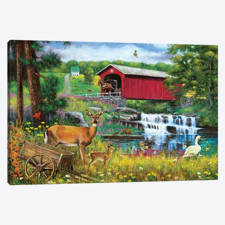 Waterfall And Covered Bridge Canvas Print #GRC97} by J. Charles Canvas Wall Art