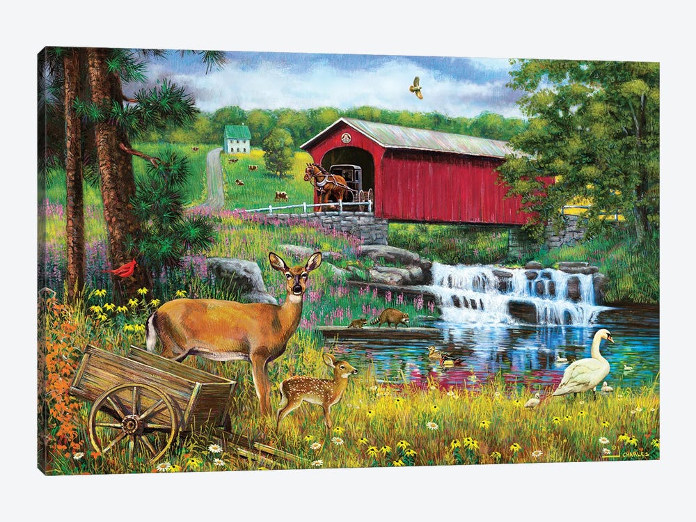 Waterfall And Covered Bridge by J. Charles 1-piece Canvas Print