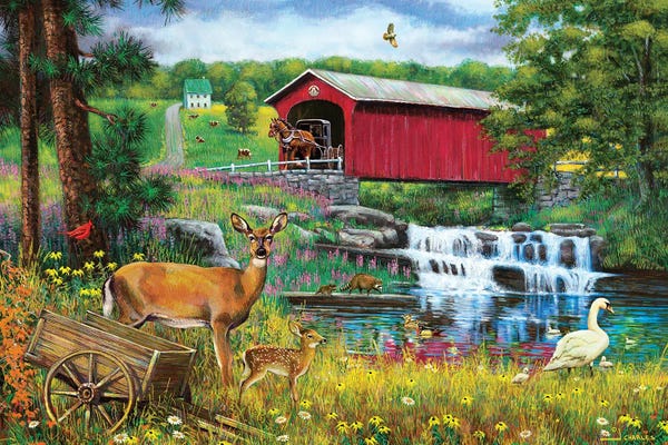Greg & Company: Waterfall And Covered Bridge by J. Charles